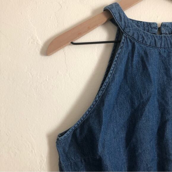 Tea Rose Blue Chambray Soft Denim Cotton Peplum High Neck Sleeveless Tank Top - Picture 3 of 7